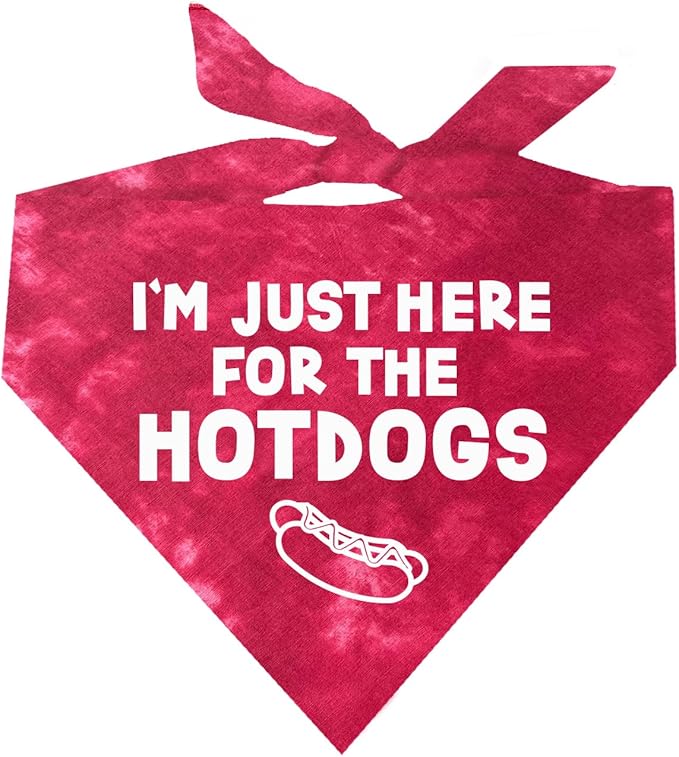 I'm Just Here for The Hot Dogs Dog Bandana |100% Adjustable Cotton Tie Dye | Made in USA | July Fourth (4th) Accessory | Patriotic | Party | Parade | Event | Costume | One Size |Red Scrunch (750)