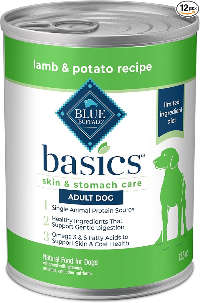 Blue Buffalo Basics Grain-Free Adult Wet Dog Food, Skin & Stomach Care, Limited Ingredient Diet, Lamb Recipe, 12.5-oz. Can, 12 Count