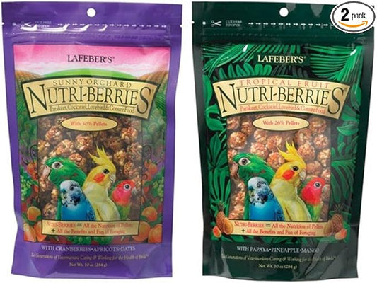 LAFEBER'S Nutri-Berries Parakeet, Cockatiel, Lovebird & Conure Food 2 Flavor Variety Bundle, (1) Each: Papaya Pineapple Mango, Cranberries Apricots Dates, 10 Ounces