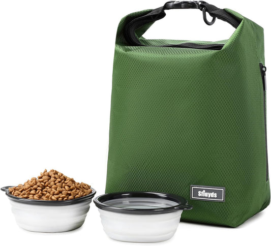 Dog Food Travel Bag,Pet Food Container 20 lb w/2PCS Collapsible Dog Travel Bowls and Zipper Side Pocket(Green, Large)
