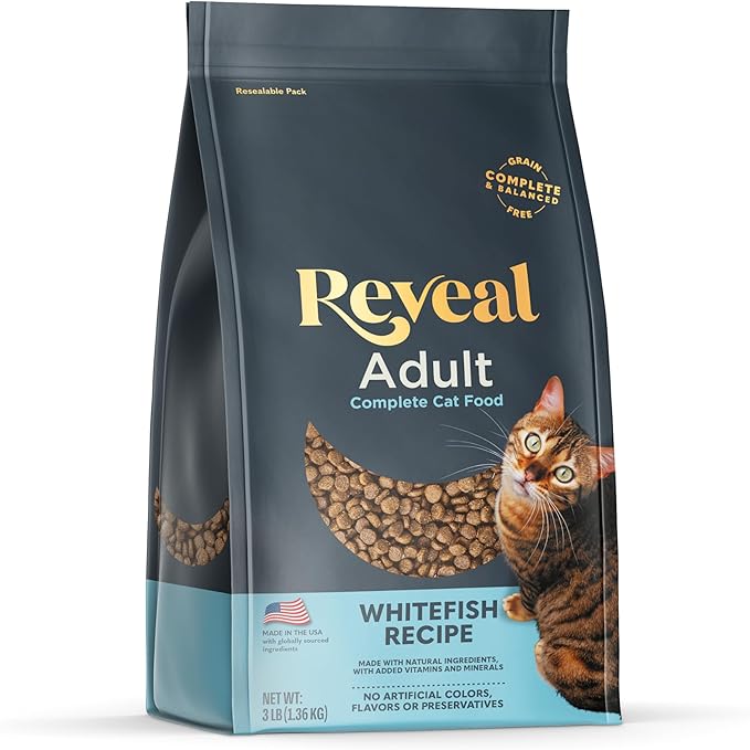 Reveal Natural Adult Dry Cat Food, High Protein, Grain Free with Added Vitamins & Minerals, Complete & Balanced Nutrition for Cats, Whitefish Recipe (3 Pound Bag)