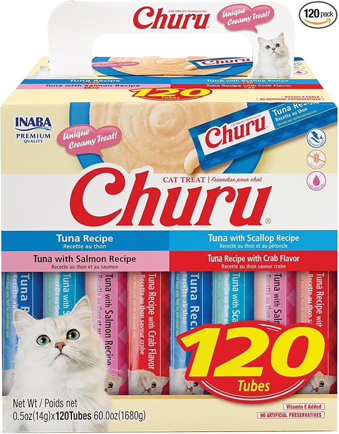 INABA Churu Cat Treats, Lickable, Squeezable Creamy Purée with Vitamin E, 0.5 Ounces per Tube, 120 Tubes Total, Tuna Variety