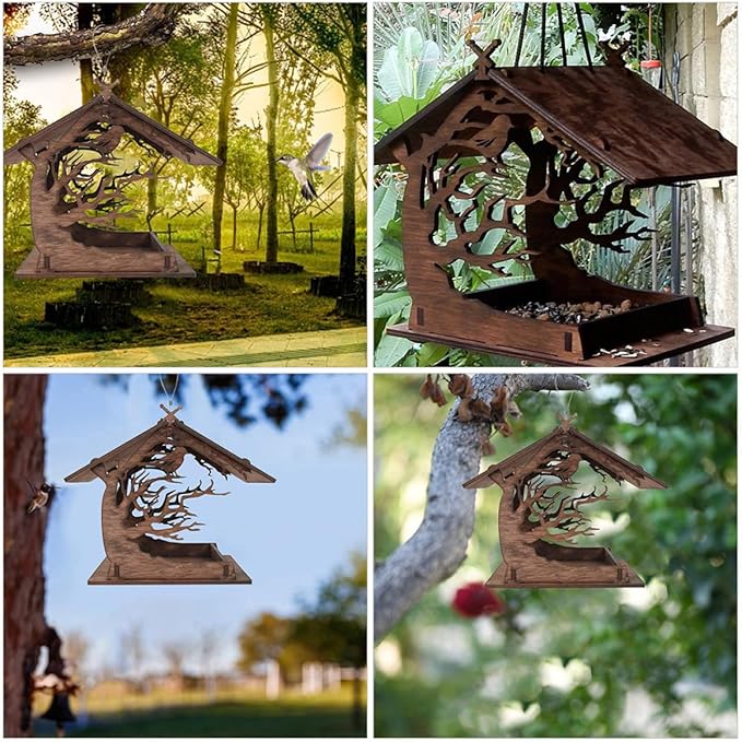Milisten Wooden Decorative Bird Feeder House with Hanging Bird Food Container for Garden Outdoor Nesting and Wildlife Feeding, Brown Wood DIY Birdhouse for Backyard Birding