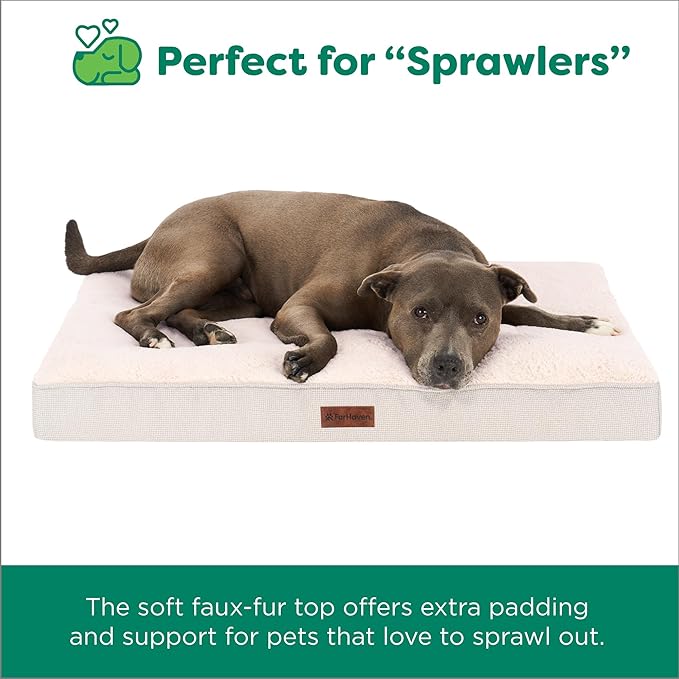 Furhaven Cooling Gel Dog Bed – Classic Cushion with Plush Tufted Top, Supportive Foam Mattress, Removable Washable Cover, Joint Relief - Wheat, Medium