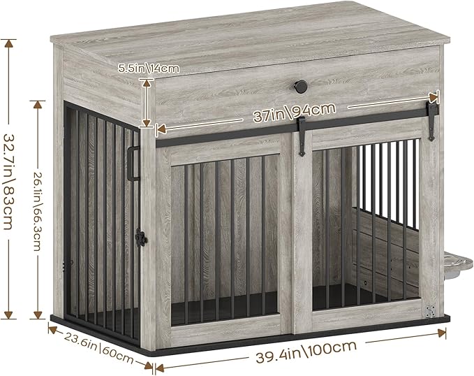 Large Dog Crate Furniture with Sliding Door & 360° Spinning Bowls | Durable Modern End Table for Medium & Large Dogs for Pet Owners (40-inch)