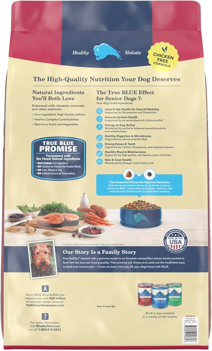 Blue Buffalo Life Protection Formula with LifeSource Bits, Senior 7+ Dry Dog Food, Salmon and Brown Rice Recipe, Chicken Free Formula, 30 lb. Bag