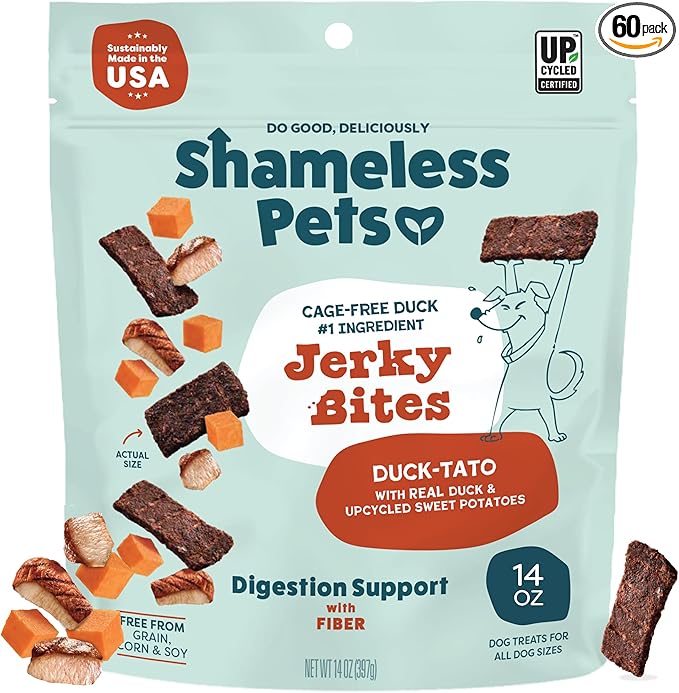 Shameless Pets Jerky Bites Treats, Duck-Tato - Healthy Dog Chews for Digestion Support with Fiber - Dog Treats with Real Cage-Free Duck - Free from Grain, Corn & Soy - 14 oz