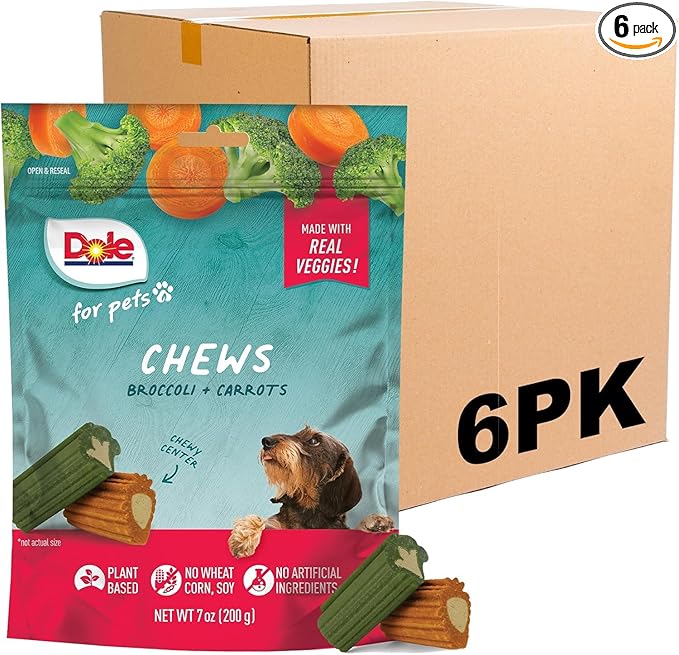 Dole for Pets Dog Chews, Assorted Broccoli + Carrot Vegetable-Flavored Treats, No Artificial Colors Flavors or Preservatives, No Wheat Corn Soy, Plant Based Dog Treats, 7.05 Oz Bag - 6 Pack