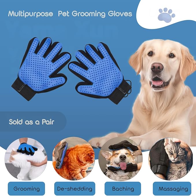 Pet Grooming Gloves (2 Pack) for Dogs & Cats – Deshedding Hair Remover Mitts with Soft Silicone Massage Bristles – Dual-Sided Grooming & Bathing Gloves for Long & Short Hair Pets