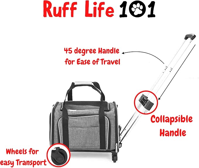 Ruff Life 101 Airline Approved Expandable Premium Pet Carrier on Wheels- Two Sided Expandable Rolling Carrier- Designed for Dogs & Cats- Extra Spacious Soft Lined Carrier! (Grey)