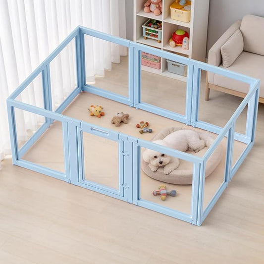DIY Clear Acrylic Dog Playpen House,Quick Easy Assembly and Disassembly,Strong Floor Suction,Indoor and Outdoor Use,Easy Cleansing Puppy Fence (Sky Blue, 23.6" H, 10PCS)