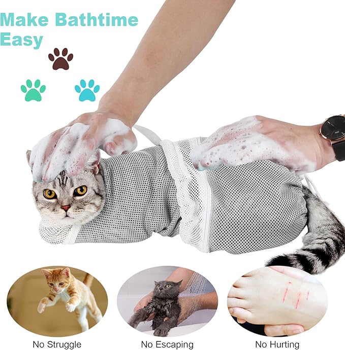 Cat Bathing Bag Adjustable Cat Grooming Net Bag Anti-bite & Anti-Scratch Cat Bath Washing Restraint Bag, Breathable Mesh Cat Grooming Bag for Shower, Nail Trimming, Injection