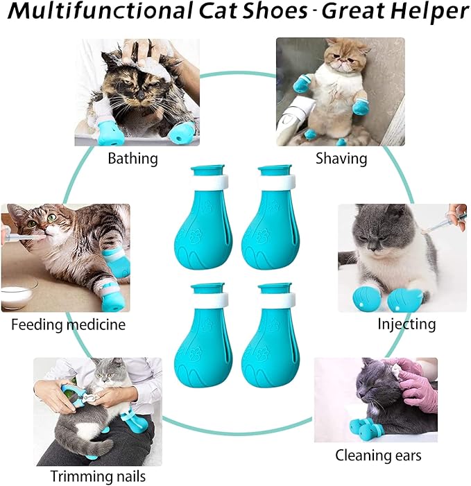 Cat Claw Covers Boots, Anti-Scratch Shoes Adjustable Prickly Anti-Off Shoes, Soft Silicone Paw Protector for Grooming Bathing Shaving to Prevent Scratching (Blue)