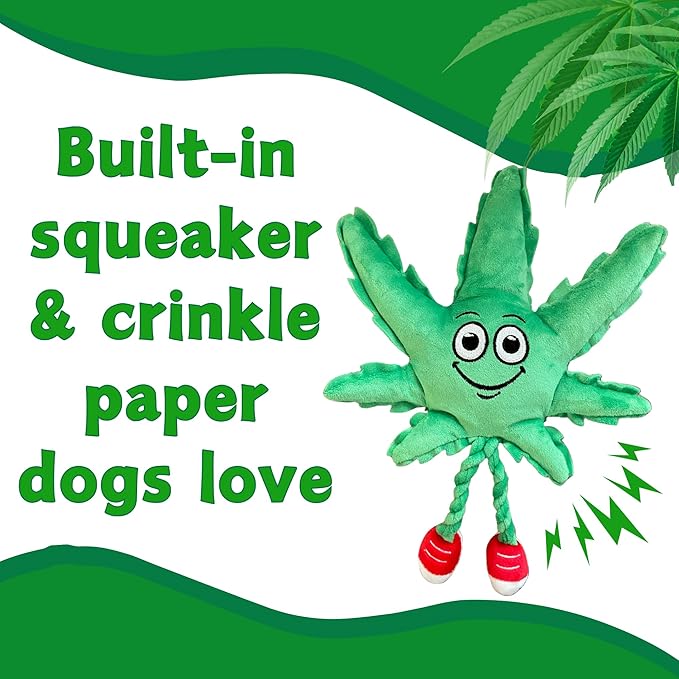My Name is MJ, Cute Stuffed Parody Marijuana Leaf Dog Toy, Funny Squeaky Weed Toy, Cool Plush Novelty 420 Gift for Puppies & Small, Medium & Large Breeds, for Fetch & a Photo Prop, Shelf-Sitter