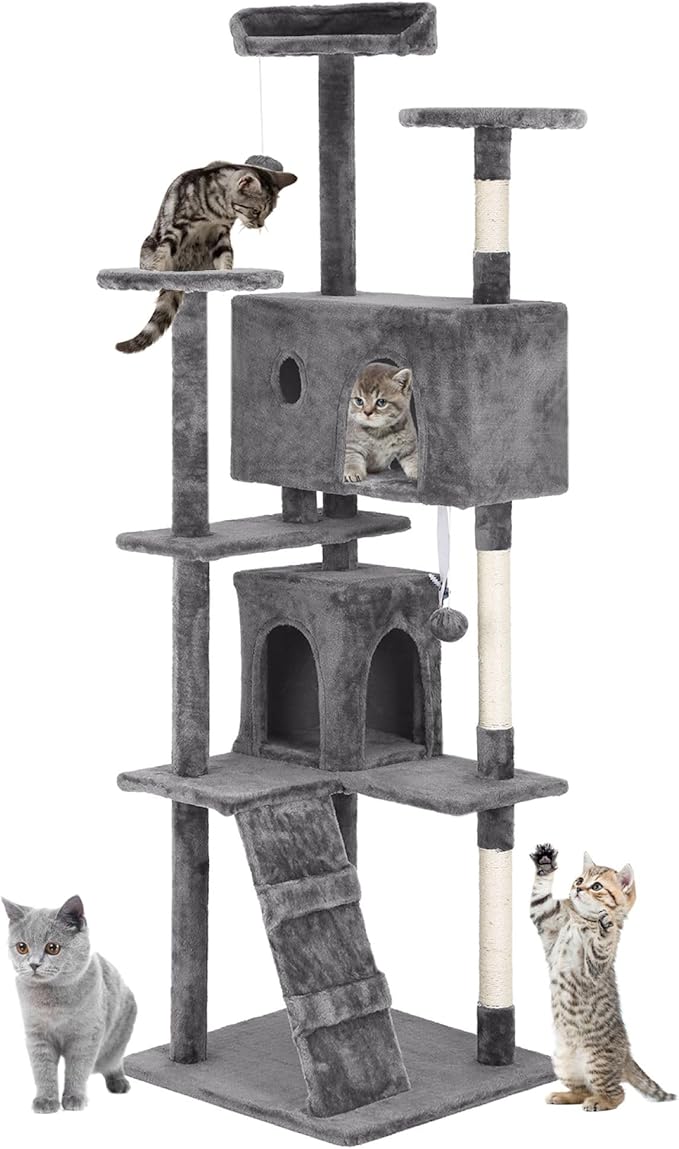 24/7 Shop at Home Court 70 inch Multi-Level Cute Cat Tree Tower with Dangling Ball and Scratching Posts for Indoor Cats Adults, Kitten Supplies, Pet House, Light Gray