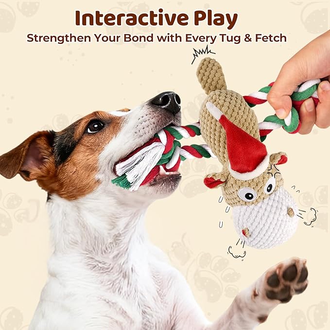 Dog Toys for Small Medium Dogs - Squeaky Hippo Plush Dog Toys with Crinkle Paper, Cotton Ropes for Tug Games