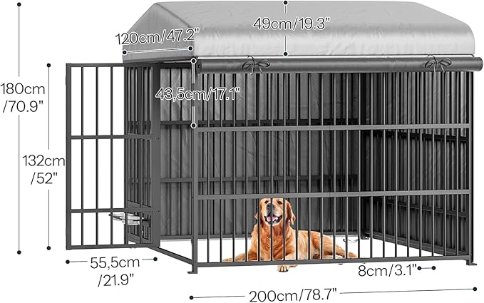 HOOBRO Dog Kennel Outdoor with Cover, 6.6 x 3.9 x 5.9 ft Dog Kennel Outside with Waterproof Roof and Rotating Feeding Bowls, Heavy-Duty Large Cage Enclosure, for Medium & Large Dogs, Black BK212GW03