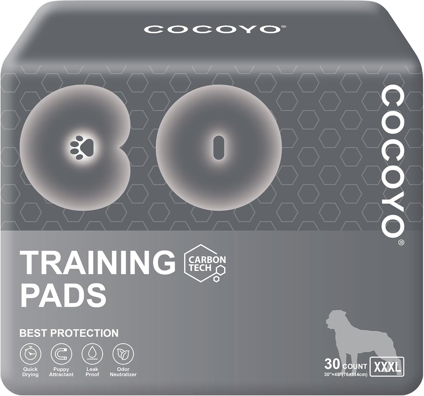 COCOYO Dog Training Pads Giant Size丨Carbon Absorb Eliminating Urine Odor Puppy Pads 丨 Premium Charcoal Dog Pee Pads (30 Count, XXXL 30x45 inch)
