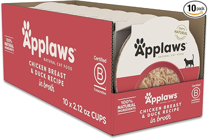 Applaws Natural Wet Cat Food in Broth, Limited and Natural Ingredients, High Protein with No Artificial Additives, Chicken Breast & Duck in Broth (10 x 2.12 oz Easy-Open Cups)
