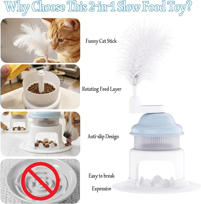 Cat Slow Feeder Toy with Feather Teaser, Interactive Puzzle Feeder for Cats, Mental Stimulation Foraging Toy, Suitable for Dry & Wet Food(Blue)