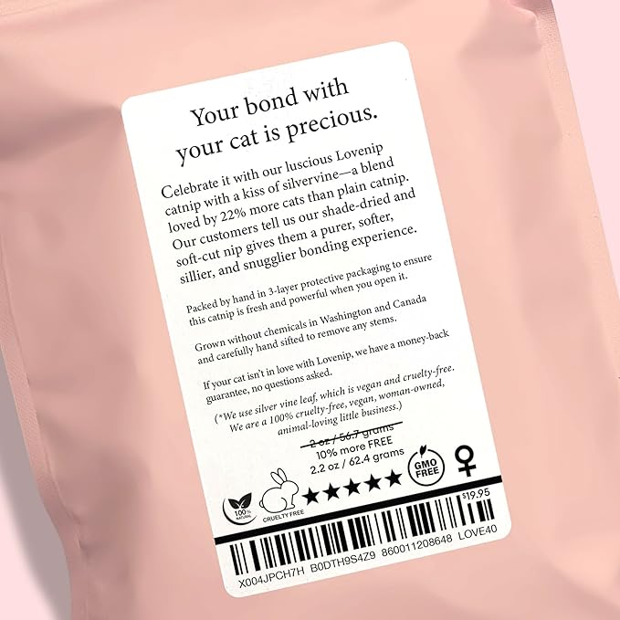 Soft Cat Nip for Cats kissed with Silvervine Leaf – Big 2.2 (2 cups) oz of Love – Fine Cut & Potent – More Kitties Love a Premium Catnip Silvervine Leaf Blend – Strong & Fresh Lovenip Favorites Blend