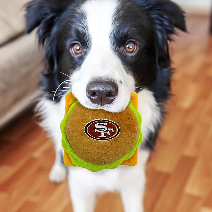 NFL SAN Francisco 49ERS Cheese Burger Plush Dog & CAT Squeak Toy - Cutest Stadium HAMBERGER Snack Plush Toy for Dogs & Cats with Inner Squeaker & Beautiful Football Team Name/Logo