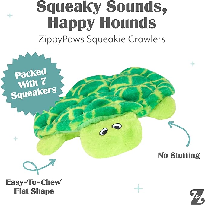 ZippyPaws Squeakie Crawler- No Stuffing Dog Toy to Keep Them Busy, For Small, Medium, & Large Dogs, Squeaky Pet Toy for Boredom, Unstuffed Chew Toy, Soft Plush Puppy Products, SlowPoke the Turtle- 10"