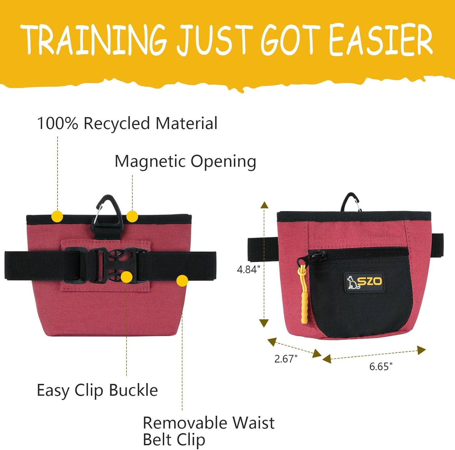 SZO Dog Treat Pouch with Pet Training Clicker, Dog Training Treat Pouch with Waist Belt Clip, Magnetic Closure, Hands-Free Training - Black&Red