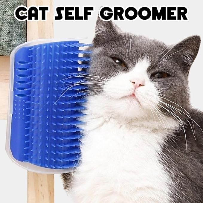 Cat Self Groomer – Wall Corner Grooming Brushes for Cats and Small Pets – Soft Massage Brush for Shedding Control and Face Rubbing (Dark Blue)