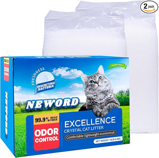NEWORD Crystals Cat Litter Superior Odor Control 14 lbs Total (2 Pack of 7lb Bags) Soft-On-Paws Low Tracking Dust-Free White Silica Gel, Unscented