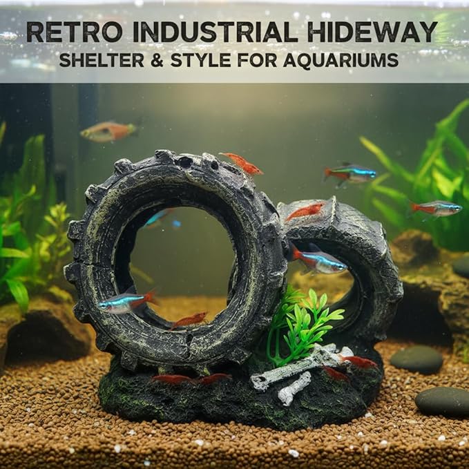 Mipukbay Fish Tank Decoration, Truck Wheel Aquarium Decor Hiding Cave Ornament for Freshwater/Saltwater, Safe Landscaping Rock Resin Decoration for Betta Fish, Goldfish and Aquatic Pets