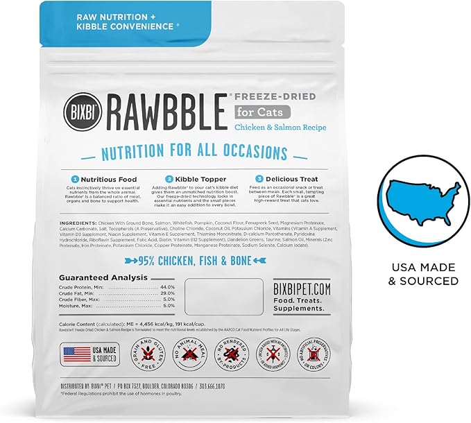 BIXBI Rawbble Freeze Dried Cat Food, Chicken & Salmon Recipe, 3.5 oz - 95% Meat and Organs, No Fillers - Pantry-Friendly Raw Cat Food for Meal, Treat or Food Topper - USA Made in Small Batches