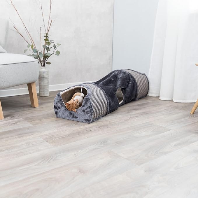 Trixie Cuddly Condos and Tunnel for Cats - Indoor Cat Furniture with Play Condos, Hideaway Tunnel, Dangling Cat Toys - Sisal Scratching Surface - Collapsible Design for Easy Storage, Gray