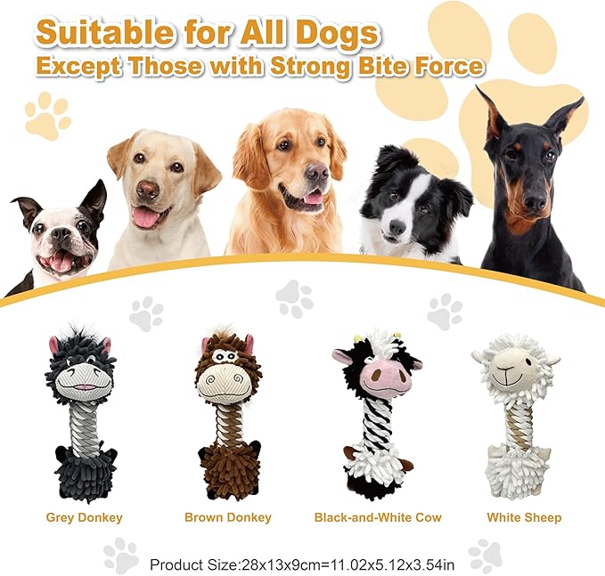 Grey Donkey Mop Plush Squeaky Dog Toy with Rope Neck Puppy Teething Chew Toy Cute Soft Funny Durable Interactive Tug of War Dog Rope Toy for Small Medium Large Dogs Toy Gift 28cm/11.02in