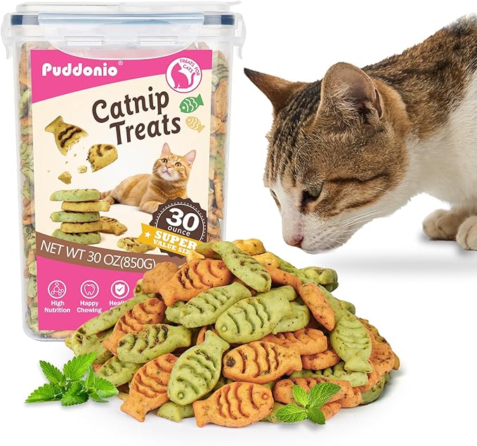 Catnip Cat Treats, Chicken & Salmon Flavor Crunchy Cat Biscuits, Fish-Shaped Training Snacks for Adult Cats, 30 oz