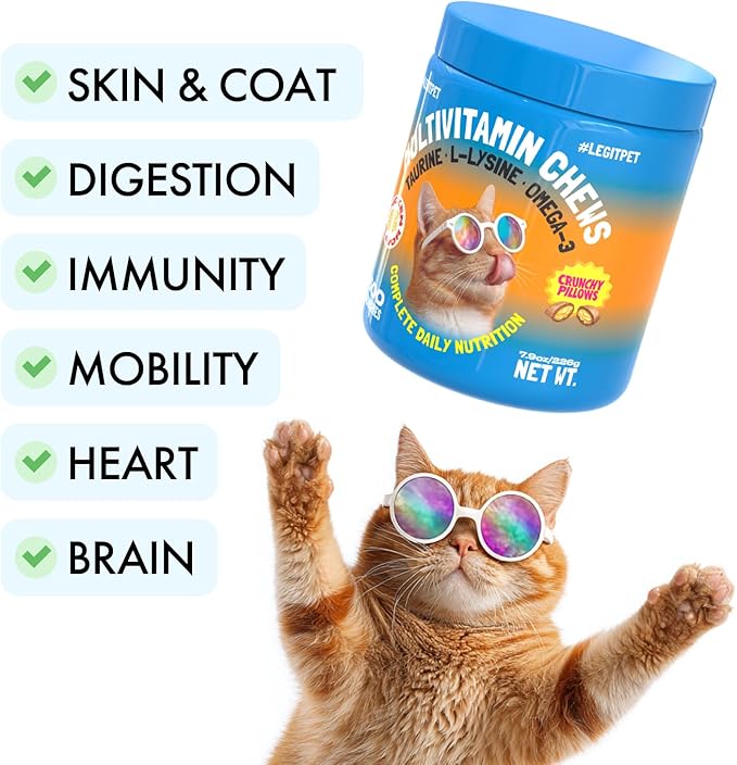 LEGITPET Cat Multivitamin Crunchy Treats – Daily Vitamins for Cats with Taurine, Omega 3 & L-Lysine – Immune, Skin & Coat, Heart & Brain Support – Chicken Flavor, 500 Crunchy Pillows