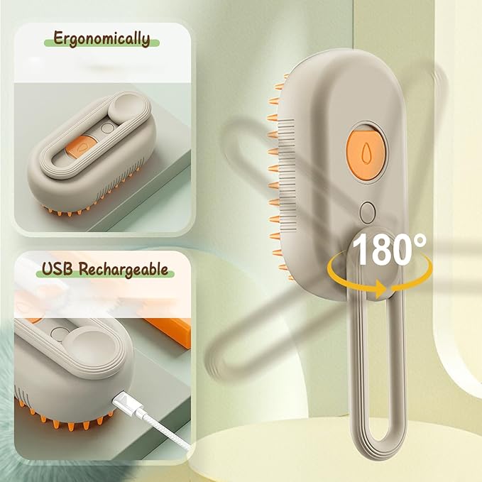 Defur Comb for Cats Dogs, 3 in 1 Steam Cat Brush Cat Steam Brush for Shedding & Grooming, Self Cleaning 3 in 1 Pet Brush Pet Grooming Brush with Spray (Khaki)