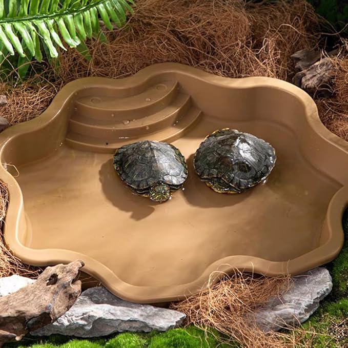 Turtle Bathing Pool, Reptile Feeding Dish Water Pot, Landscape Fish Tank Decoration, Lizard Turtle Bathing Pool for Aquatic Climbing Pet - Earthy Yellow