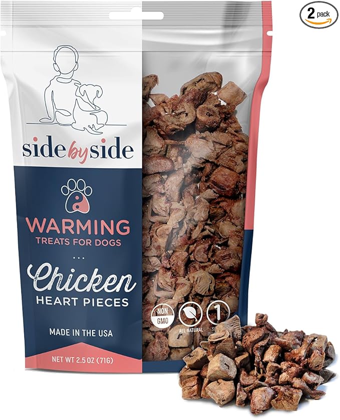 Side by Side Chicken Heart Treats - Warming Freeze-Dried Dog Treats for Dogs & Cats - Single Ingredient, Low-Fat, Grain-Free, High Protein, No Artificial Ingredients - USA Made (2.5oz. 2-Pack)