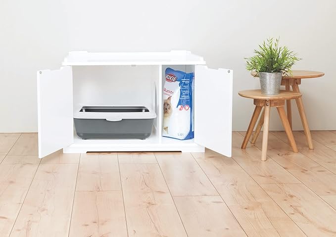 Trixie XL Furniture Litter Box Enclosure (White), Hidden Litter Box for Cats with Openings on Either Ends & Large Ventilations Slots, Double Doors for Easy Cleaning, Removable Divider
