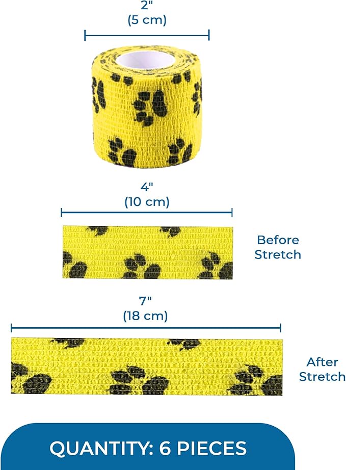 SunGrow Cat Self-Adhesive Bandage, Wound Care, Cuts, Post-Surgery, Hot Spots, 2”(W), Stretchable from 4” to 7”, Breathable Vet Wrap Gauze, 2 Rolls Per Color (Yellow, Blue, Green), 6 Pcs Per Pack 