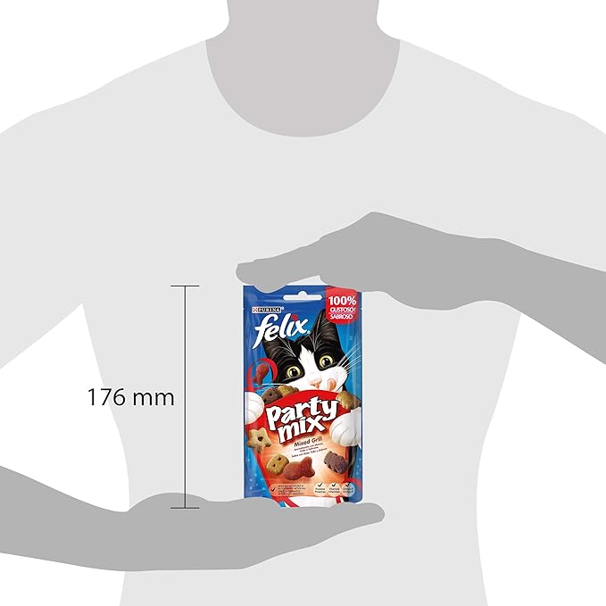 Felix Purina Party Mix Snack Cat Mixed Grill with Beef, Chicken and Salmon, 8 Packs of 60 g