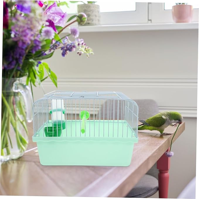 POPETPOP Portable Multi Functional Bird Travel Cage for Parakeets and Parrots with Spacious Abs and Iron Frame Includes Perch Food Box Water Dispenser and Easy to pet Carrier Random Color