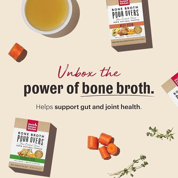 The Honest Kitchen Human Grade Bone Broth POUR OVERS™ Wet Toppers for Dogs(Chicken strew) 5.5 oz (Pack of 12)