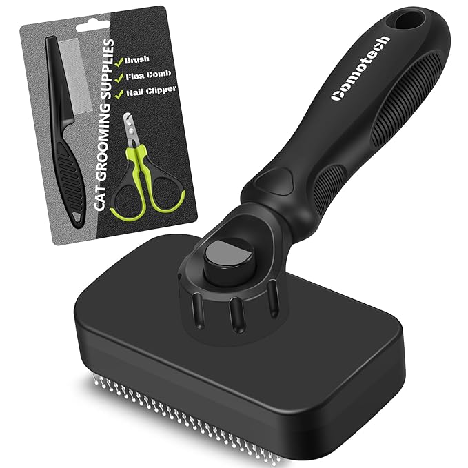 Comotech 3PCS Cat Grooming Supplies, Cat Brush & Nail Clipper/Trimmer & Flea Comb for Shedding Indoor Cats Essentials Stuff Accessories (Black)