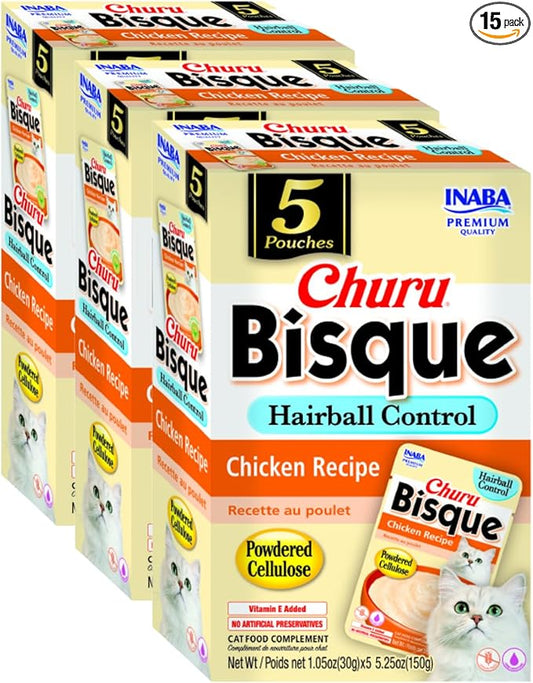 INABA Churu Bisque Indoor Care for Hairball Control for Cats, Creamy Lickable Purée Side Dish with Vitamin E, 1.05 Ounce Pouch, 15 Pouch, Chicken Recipe