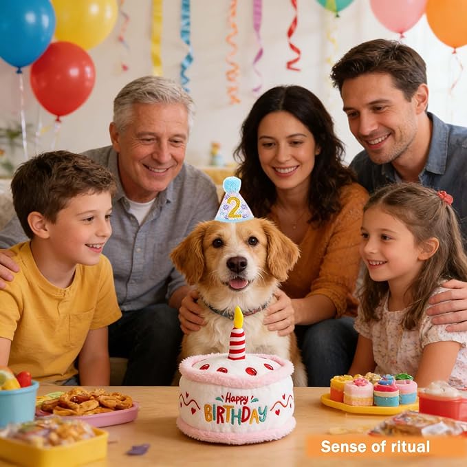 Dog Birthday Toy Pup Cake Puppy Plush Squeak and Crinkle Gift for Small Medium Pet (White)