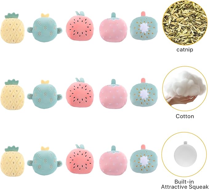 Catnip Cat Toys, 5-Pack Catnip Toys for Cats, Soft and Durable with Catnip, Interactive Kitten Toys for Indoor Cats, Fruit Shape