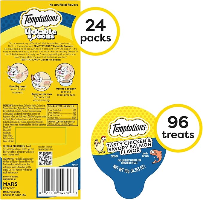 Temptations Lickable Spoons Adult Wet Cat Treat, Tasty Chicken and Savory Salmon Flavor, 10 Grams, Pack of 24 (96 Total Spoons)