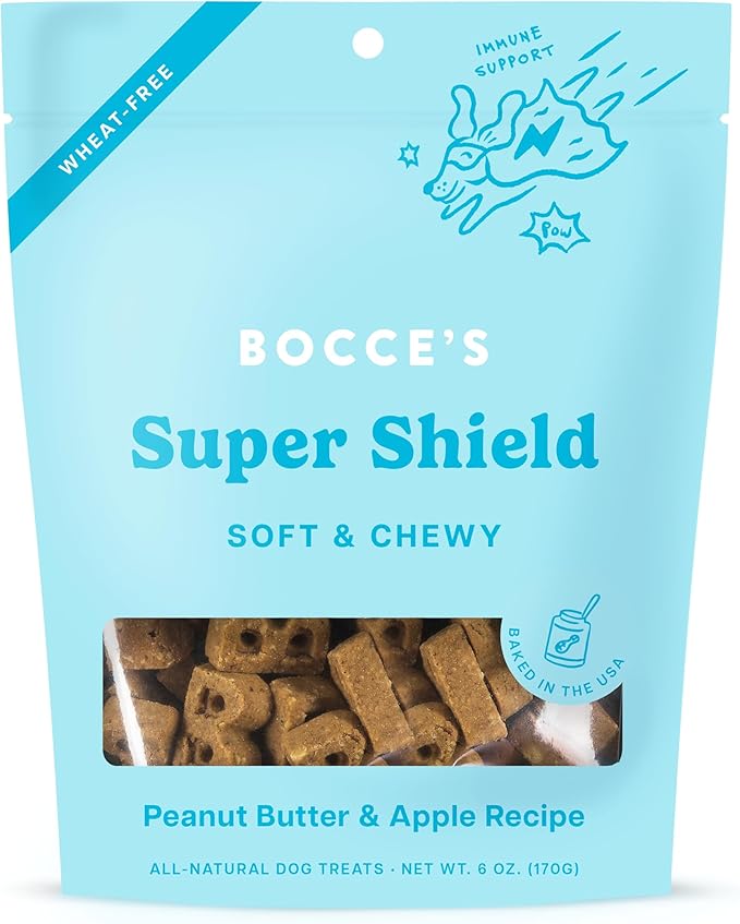 Bocce's Bakery Dailies Super Shield Dog Treats for Immune Support, Wheat-Free Dog Treats, Made with Real Ingredients, Baked in The USA, Natural Soft & Chewy, Peanut Butter & Apple, 6 oz